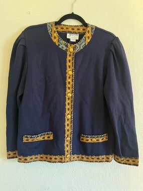 Navy Knit Cardigan with Gold Trim and Patterned Accents
